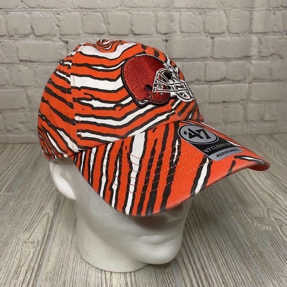 47 Brand Zubaz Cleveland Browns Logo Strapback Hat Adj Orange Zebra Print New - Picture 1 of 10